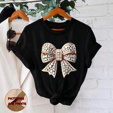 Women's Cotton T-Shirt, Sizes M-5XL, Loose Fit, Short Sleeve, Round Neck, Rhinestone Bow Print, Casual Top For Everyday Wear, Basic T-Shirt, Soft And Comfortable Fabric, Loose Style, Modern And Friendly Graphic T-Shirt For Women. - 黑色 - 查看 7