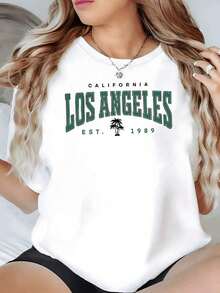 100% Cotton. Large Green Text With The Words "Los Angeles" And A Palm Tree Evoking The Sunny Atmosphere Of California. Since 1989, Women's T-Shirt, 100% Cotton, 220g. Women's Simple Solid Color T-Shirt, Loose And Slim Fit Casual Short Sleeve - 紅色的 - 查看 8