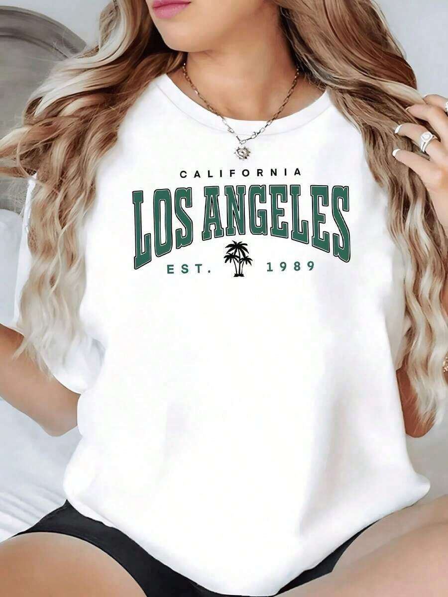 100% Cotton. Large Green Text With The Words "Los Angeles" And A Palm Tree Evoking The Sunny Atmosphere Of California. Since 1989, Women's T-Shirt, 100% Cotton, 220g. Women's Simple Solid Color T-Shirt, Loose And Slim Fit Casual Short Sleeve - 白色的 - 查看 1