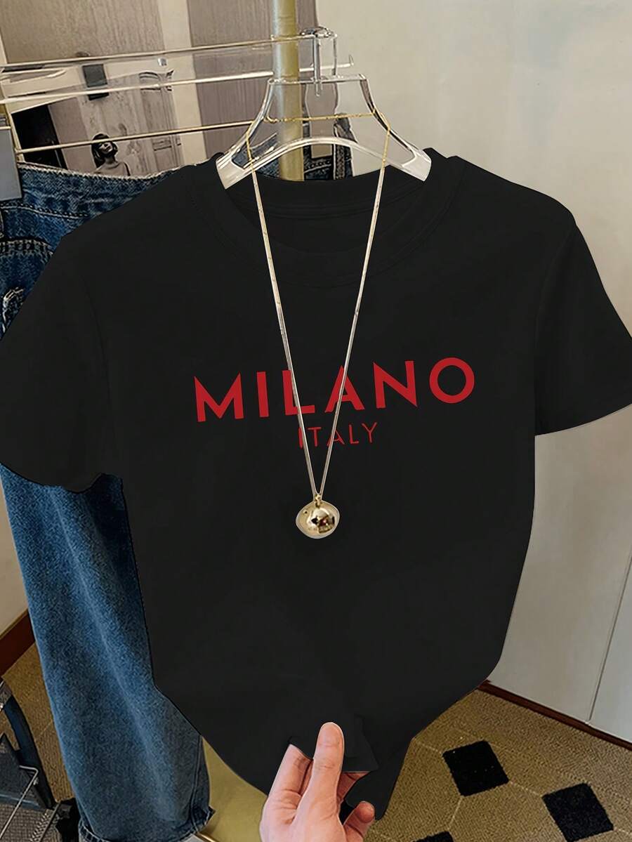 Simple, Casual And Versatile T-Shirt With English Letter Print, Short Sleeves And Round Neck. - Black 2 - View 1