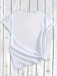 100% Cotton Women's T-Shirt With Black And White Number Block Print - Short Sleeve, Casual Style, Comfortable Stretch Fit, Round Neck, Machine Washable Design, Suitable For All Seasons, Medium Stretch Fabric, Women's Simple Solid Color T-Shirt, Loose And Slim Fit Casual Short Sleeve - 白色的 - 查看 3