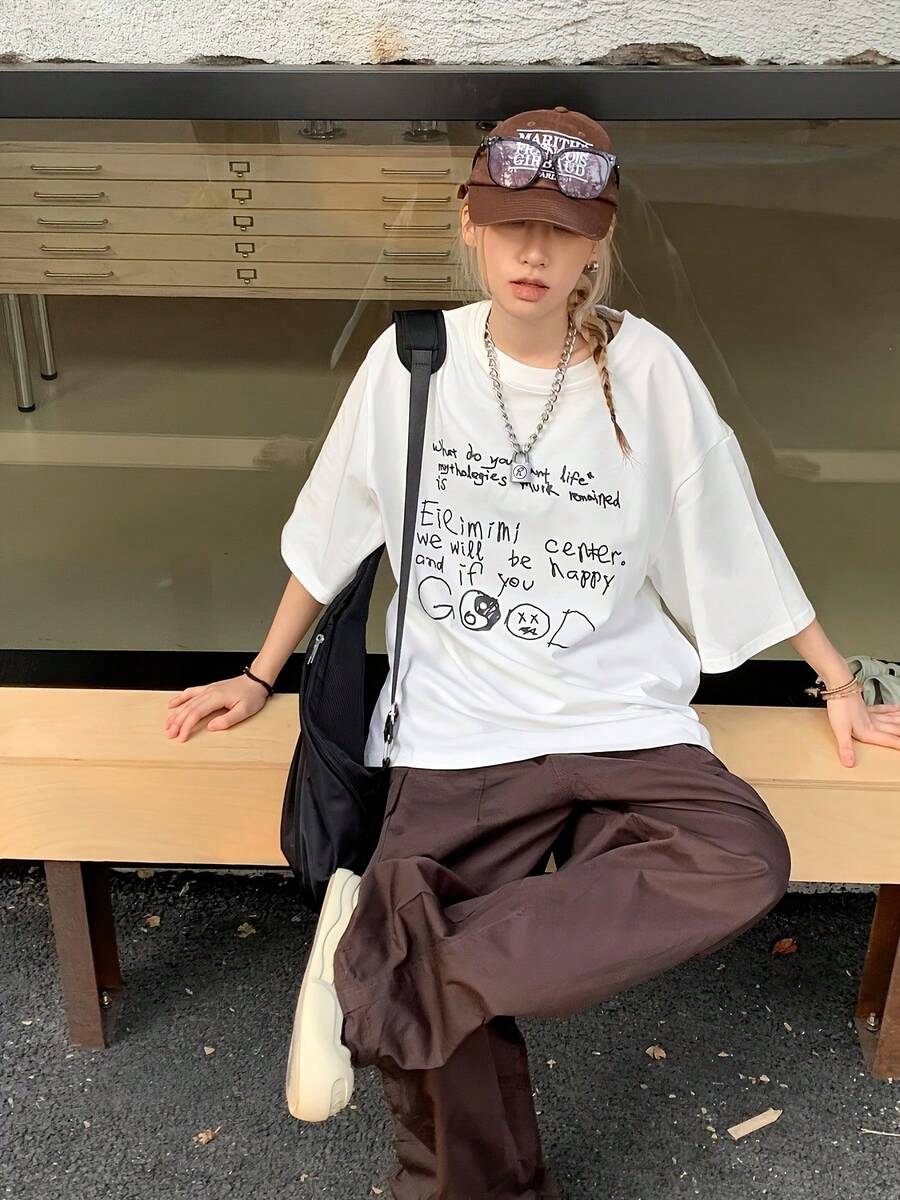 1 Pack. 100% Cotton. 100% Oversized Women's Summer Top With A Pattern - Casual White Short-Sleeved T-Shirt, Unique Letter Print, Spring-Summer Collection, Loose And Comfortable Fit. Suitable For Summer. - 白色 - 查看 1