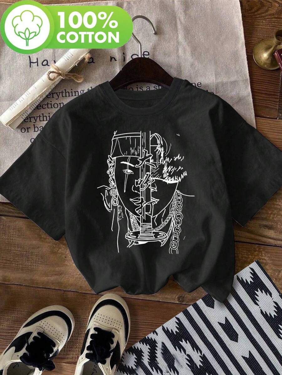 AGUST Women's White Printed T-Shirt - Casual Short Sleeve Crew Neck T-Shirt, Black Line Art Design, Breathable And Machine Washable, Spring/Summer T-Shirt For Women, Durable Fabric Shirt, Blouses For Women. - 黑色 - 查看 1