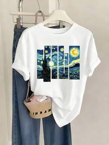Women's One-Piece T-Shirt, Fashionable, With An Artistic Print Of Van Gogh's Starry Night, Round Neck And Short Sleeves, Casual And Comfortable For Everyday Wear, A Perfect Summer Choice That Combines Fashionable Prints With A Comfortable Round Neck - 白色 - 查看 1