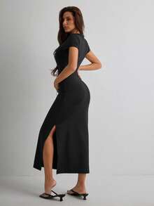 Women's Simple Solid Color Side Slit Short Sleeve Dress, Summer - Black - View 2