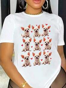 One Classic And Versatile Piece, A Pure Cotton Short-Sleeved T-Shirt With A High Neck, Ideal For Wearing In All Seasons, White Design With Chihuahua And Heart Motifs, Modern Style - 白色的 - 查看 1