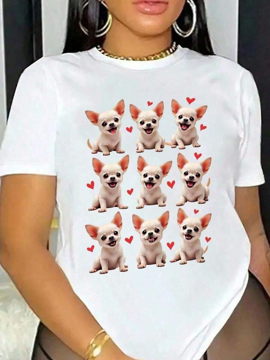 One Classic And Versatile Piece, A Pure Cotton Short-Sleeved T-Shirt With A High Neck, Ideal For Wearing In All Seasons, White Design With Chihuahua And Heart Motifs, Modern Style - 白色的 - 查看 1