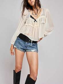 Women T-shirt, Long Sleeve Low-cut Pleated Tie-up See-through Solid Loose Sheer Tops Clubwear - Blanco - Ver 10