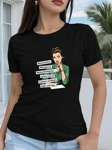 Camiseta Deportiva Casual para Mujer con Gráfico Vintage Pin-Up - Camiseta Negra Elástica de Cuello Redondo, Lavable aáquina, Ajuste Cómodo para Todas las Estaciones, Perfecta para Combinar con Jeans Azules Claros. - Negro - Ver 6