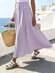 Women's Casual A-Line Skirt With Striped Front Buttons - 紫色 - 查看 5