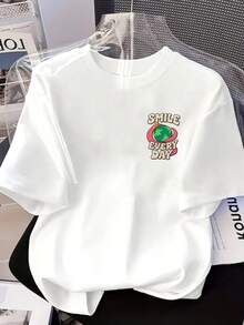 | Exquisite Design | Loose And Comfortable | Easy To Match | Front And Back Print T-Shirt, Daily Smile, Earth Day Print, Round Neck, Casual Short Sleeve For Women, Comfortable Fit, Skin-Friendly Fabric, Classic Design, A Must-Have Fashion Item For Women. - 白色 - 查看 3