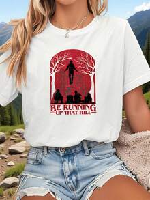 | Exquisite Design | Loose And Comfortable | Easy To Match | Women's Short-Sleeved Crew Neck T-Shirt With "Running To The Mountain Top" Print - White, Lightweight, Casual, For Spring/Summer, Ideal For Holiday Parties - Fan Apparel - Festive And Whimsical Design With Iconic Quote - Machine Washable, Comfortable For Casual Wear And Parties - White Top. - 白色 - 查看 7
