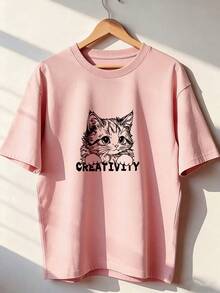 T-Shirt With Cat Print And "CREATIVITY" Text, Fashionable Short-Sleeved T-Shirt For Spring And Summer 2026, Made In Mexico, 180 Grams. Cartoon Print, Couple Design, Suitable For Indoor Or Outdoor Wear. Crew Neck, Unisex, Ideal For The Office And Leisure. One-Pack. - PK-P631577SLNDXZGY589 - 查看 1