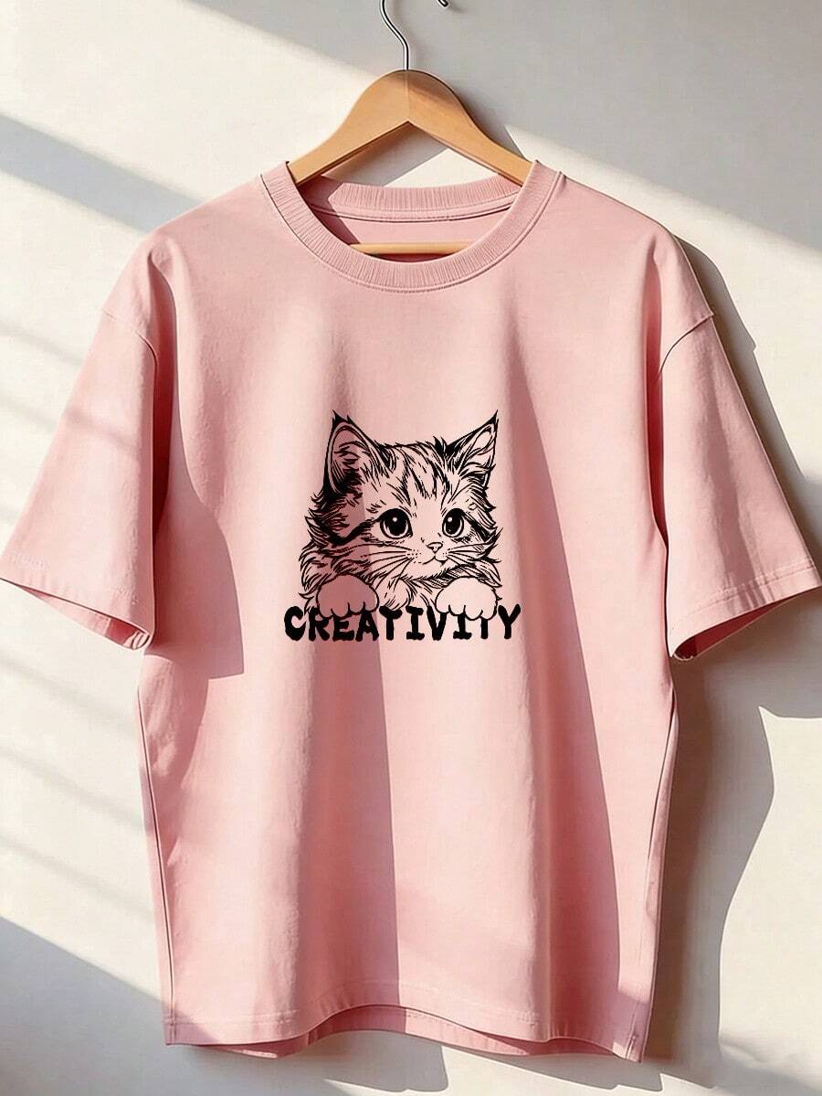 T-Shirt With Cat Print And "CREATIVITY" Text, Fashionable Short-Sleeved T-Shirt For Spring And Summer 2026, Made In Mexico, 180 Grams. Cartoon Print, Couple Design, Suitable For Indoor Or Outdoor Wear. Crew Neck, Unisex, Ideal For The Office And Leisure. One-Pack. - PK-P631577SLNDXZGY589 - 查看 1