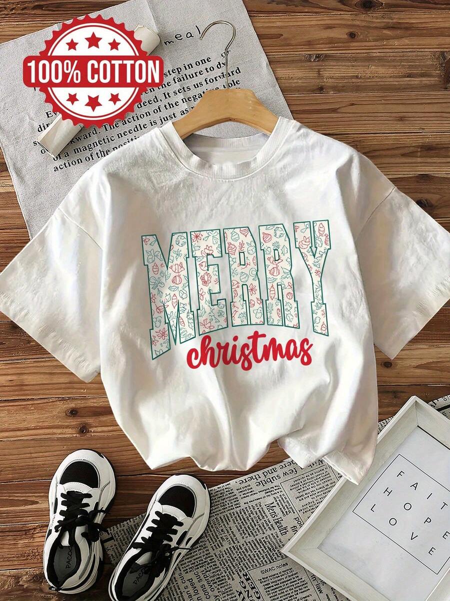 | Exquisite Design | Loose And Comfortable | Easy To Match | Women's Vintage Christmas Print T-Shirt - 100% Cotton, Short Sleeve, Round Neck, Casual Style, With Festive Red Lettering And Snowflake And Candy Cane Designs - Comfortable For Christmas Parties And All-Season Wear. - 白色 - 查看 1