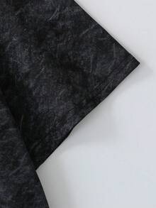 Plus Size Women's Casual Funny Cat Print Round Neck Washed T-Shirt, Sleeve Print Short Sleeve Black Summer - Black - View 4