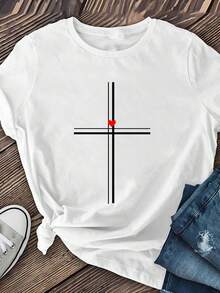 Camiseta Deportiva Casual para Mujer con Diseño Geométrico Negro y Corazón Rojo - Camiseta Blanca Elástica de Cuello Redondo, Lavable aáquina, Ajuste Cómodo para Todas las Estaciones, para un Look Moderno y Chic. - Blanco - Ver 1