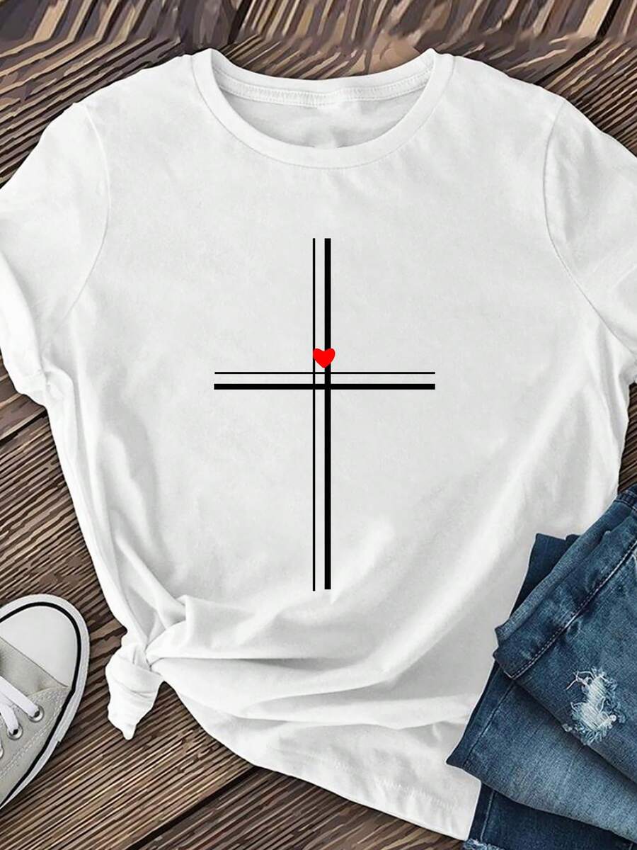 Camiseta Deportiva Casual para Mujer con Diseño Geométrico Negro y Corazón Rojo - Camiseta Blanca Elástica de Cuello Redondo, Lavable aáquina, Ajuste Cómodo para Todas las Estaciones, para un Look Moderno y Chic. - Blanco - Ver 1