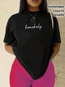 Camiseta Estampada para Mujer Hombody en Negro - Camiseta Casual de Manga Corta y Cuello Redondo, con Corte Relajado para Todas las Estaciones, Perfecta para Uso Diario o Vacaciones. Combínala con Leggings Brillantes en Rosa (Lavable aáquina). - Negro - Ver 6