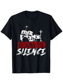 Men's Drum Set T-Shirt - "I Break The Silence" With Eye-Catching Red Lettering And Drum Kit Design - High-Density Fabric - Loose-Fitting Band Tee (For Drummers/Musicians) - Fun Gift For Music Lovers/Gifts For Drummers/Everyday Casual Wear/Durable Fabric/Optional - 黑色 - 查看 1