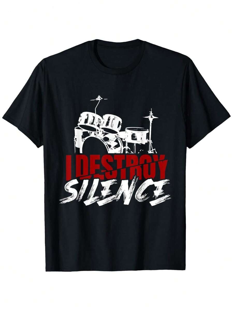 Men's Drum Set T-Shirt - "I Break The Silence" With Eye-Catching Red Lettering And Drum Kit Design - High-Density Fabric - Loose-Fitting Band Tee (For Drummers/Musicians) - Fun Gift For Music Lovers/Gifts For Drummers/Everyday Casual Wear/Durable Fabric/Optional - 黑色 - 查看 1