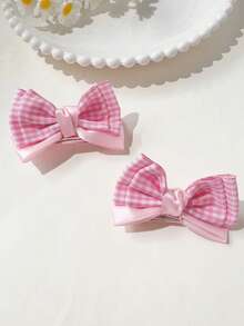 2pcs Girls Casual Simple Plaid Dual-Tone 3D Bow Hair Clips Suitable For Daily Wear And Back To School Season - Pink - View 4