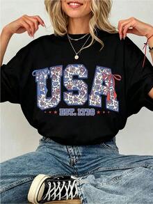 1 Piece, Women's 100% Cotton T-Shirt With Floral Print And Bow, Y2K Style, Patriotic And Flirty Aesthetic, Outfit For 4th Of July, Soft And Breathable Summer Clothes, Casual Streetwear, Unique Gift For Her. - 黑色 - 查看 1