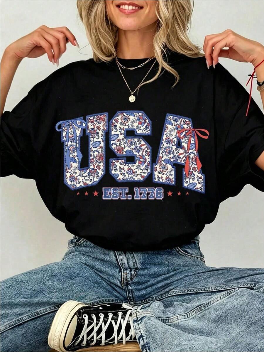 1 Piece, Women's 100% Cotton T-Shirt With Floral Print And Bow, Y2K Style, Patriotic And Flirty Aesthetic, Outfit For 4th Of July, Soft And Breathable Summer Clothes, Casual Streetwear, Unique Gift For Her. - 黑色 - 查看 1