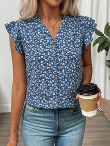 Clasi Blusa de mujer de verano con cuello en V y mangas cortas con estampado floral - Azul - Ver 3