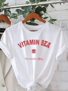Camiseta Casual de Mujer con Temática Oceánica - Manga Corta, Cuello Redondo, Diseño con Estampado Oceánico, Ideal para Primavera y Verano - Lavable a Máquina para un Uso Cómodo - Blanco - Ver 7
