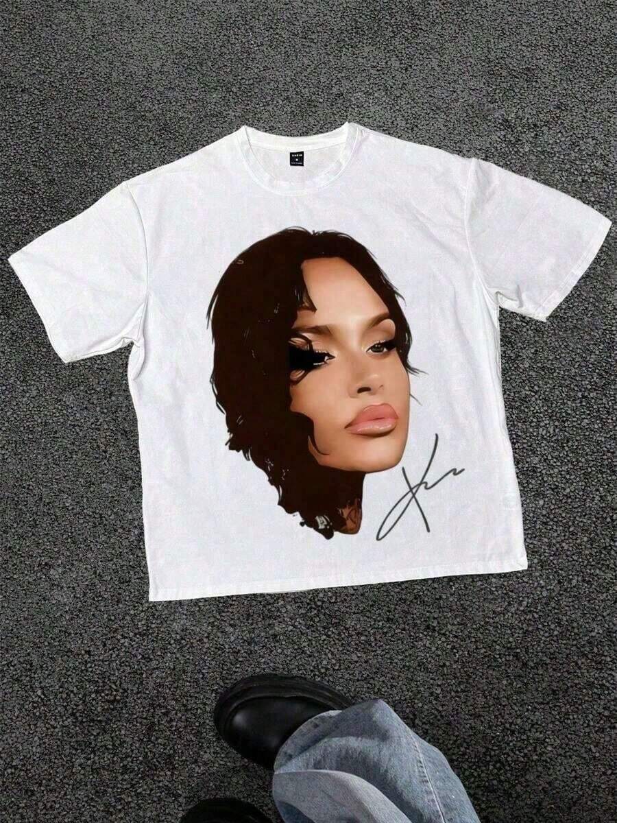 Women's Celebrity Portrait Print T-Shirt, Comfortable And Casual Short-Sleeved, High-Quality Cotton Print. 100% Cotton. Suitable For Casual And Versatile Wear In Spring, Summer, And Autumn. - 白色 2 - 查看 1
