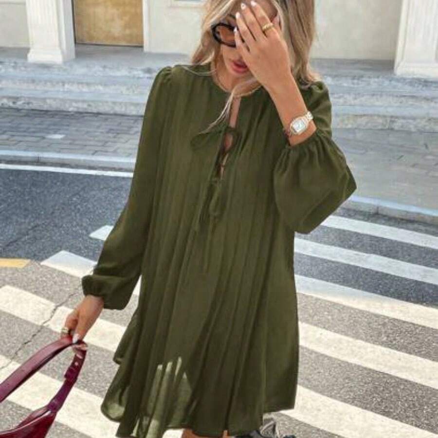Vestido de manga larga a rayas, estilo francés, plisado, vestido negro de mujer de manga larga de temporada, ropa de mujer retro, elegante - Verde - Ver 1
