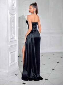 Vestido largo de fiesta con pliegues en espina de pescado y espalda descubierta con cinta, vestido de noche de boda de cintura ajustada, primavera negro - Negro - Ver 2