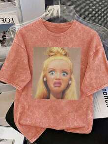 de mujer talla grande con muñeca sorprendida, cuello redondo, manga corta, casual, para primavera/verano/otoño, tops de vacaciones de verano - Naranja - Ver 4