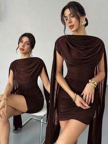Vestido elegante y casual con cinta fluida y delgada, vestido de festival/vestidos elegantes para fiesta/atuendos de Acción de Gracias para mujeres/vestido de Año Nuevo/vestidos de invierno para mujeres/ropa de otoño/vestido de Año Nuevo/vestido de fiesta/falda negra/vestido negro - Marrón - Ver 1