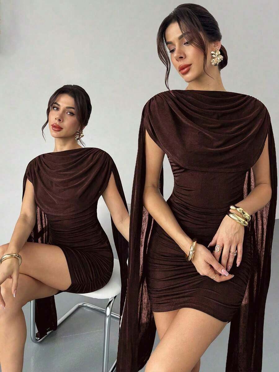 Vestido elegante y casual con cinta fluida y delgada, vestido de festival/vestidos elegantes para fiesta/atuendos de Acción de Gracias para mujeres/vestido de Año Nuevo/vestidos de invierno para mujeres/ropa de otoño/vestido de Año Nuevo/vestido de fiesta/falda negra/vestido negro - Marrón - Ver 1