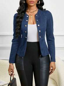 Lady Chaqueta abierta con detalles de botones en ante negro para otoño/invierno - Azul marino - Ver 3