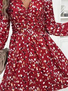 Vestido corto casual sencillo con cuello en V, manga larga, plisado y estampado de todo sobre - Rojo - Ver 7