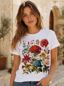 Woman's Casual Short Sleeve-Shirt Printed With Vintage Botanical And Floral Patterns Graphic-Shirt Summer Clothes Oversized Camiseta Streetwear Casual Round Neck Cotton Fashion Summer Outfits Women Loose Fit Tee Daily Outfit - 白色 - 查看 3