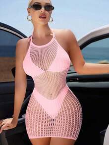 Swim  Vestido de encubrimiento sin mangas con cuello halter para mujeres para vacaciones de verano en la playa con apliques huecos - Rosa - Ver 3