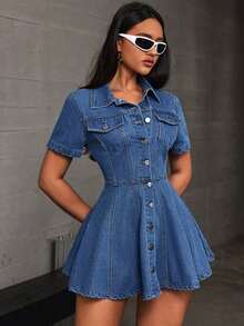 Vestido corto de mezclilla casual con botones para mujer, manga corta y cierre frontal con botones - Azul lavado medio - Ver 6