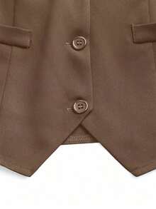 Chaleco de traje casual con cuello en V y abotonadura sencilla para mujer, de color liso - Camel - Ver 5