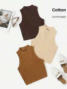 Top de tanque casual sólido de cuello redondo acanalado para el verano - Multicolor 7 - Ver 6