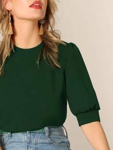 Top de manga farol de cuello alto de espalda con abertura de ojo - Verde Oscuro - Ver 4