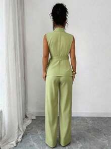 Conjunto elegante y romántico de blazer y corbata de moño para vacaciones y oficina para mujeres - verde menta - Ver 2