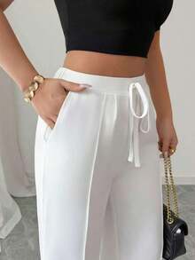 rectos de pierna con cintura atada de diseño elegante y blanco de verano para mujer, diseño de nicho de alta calidad - Blanco - Ver 3