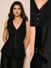Camiseta sin mangas ajustada de mujer con cuello en V y botones delanteros de unicolor - Negro - Ver 1