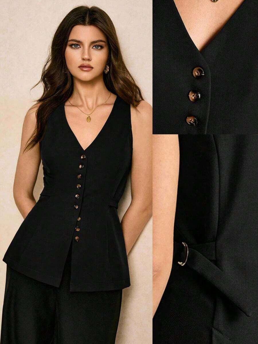 Camiseta sin mangas ajustada de mujer con cuello en V y botones delanteros de unicolor - Negro - Ver 1