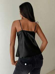 de satén con parches de encaje elegante y sexy para mujer - Negro - Ver 3