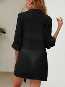 Swim Vcay Kimono unicolor con botón delantero bajo curvo - Negro - Ver 2